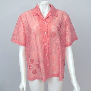 Sheer Lace Button Up Blouse Vintage 90s Floral Beaded Embroidery Detail XL